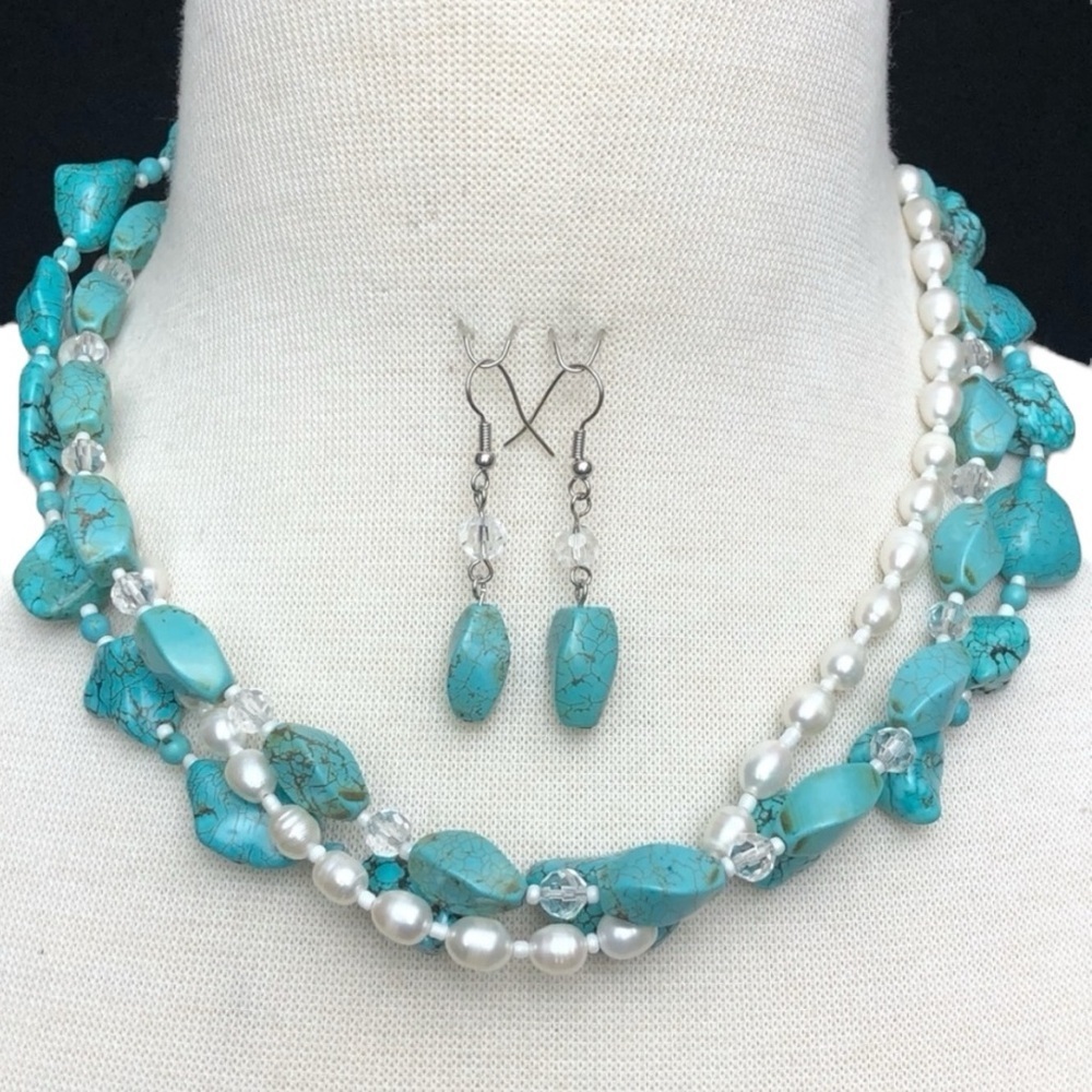 Stunning Turquoise Stones Pearls 3 Row Necklace and Earrings Set - Picture 1 of 3